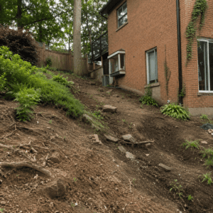 Sloped Toronto backyard with soil erosion before retaining wall installation
