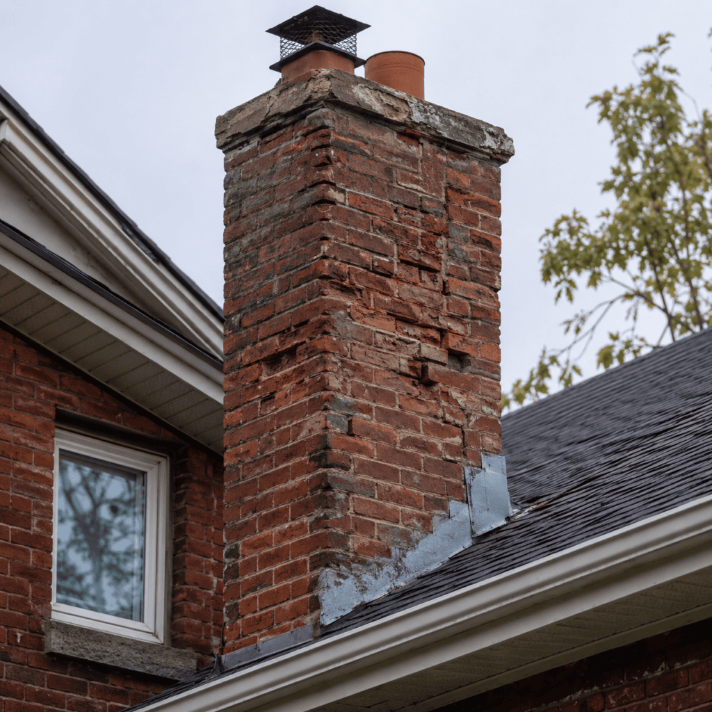 Weathered brick chimney showing exterior masonry damage near the liner area
