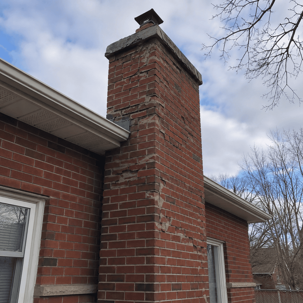 Brick chimney showing winter freeze damage after harsh weather