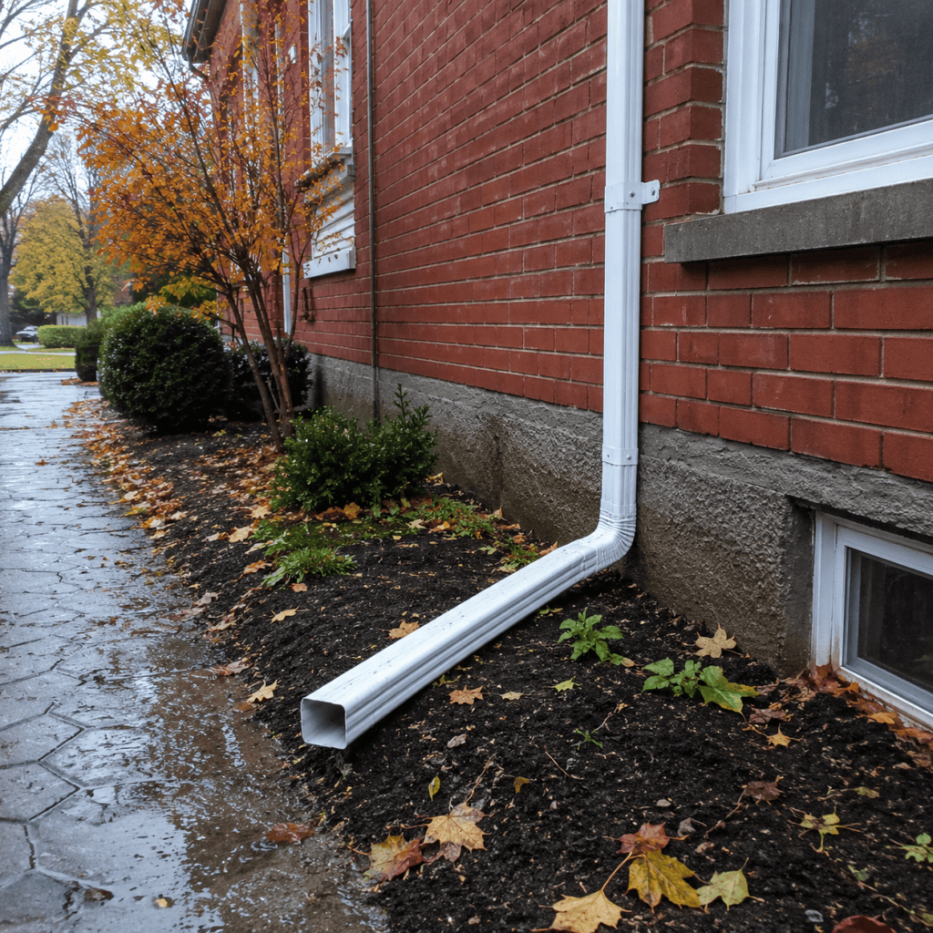 Extended downspout directing rainwater away from masonry before winter