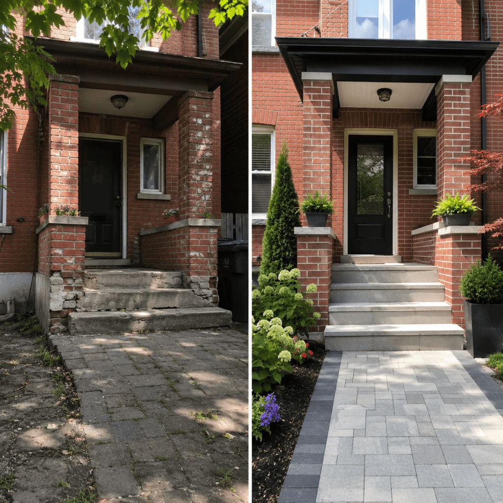 Before and after masonry improvements showing stronger curb appeal at a Toronto home