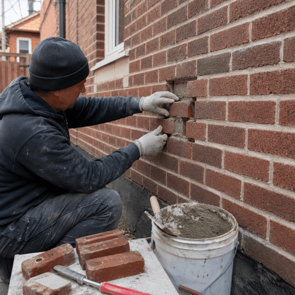 Mason matching brick pattern during a repair on a Toronto wall