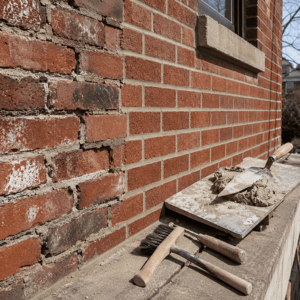 Tuckpointing winter-damaged mortar joints on a Toronto brick wall