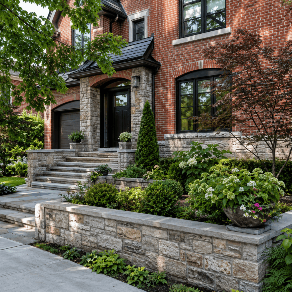Natural stone masonry accents improving curb appeal on a Toronto brick home