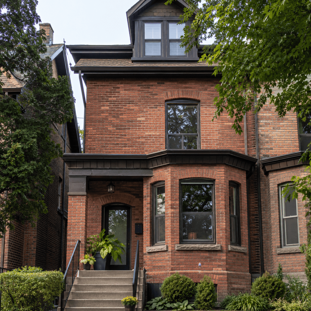 Older Toronto brick home with red-brown facade and restored mortar joints