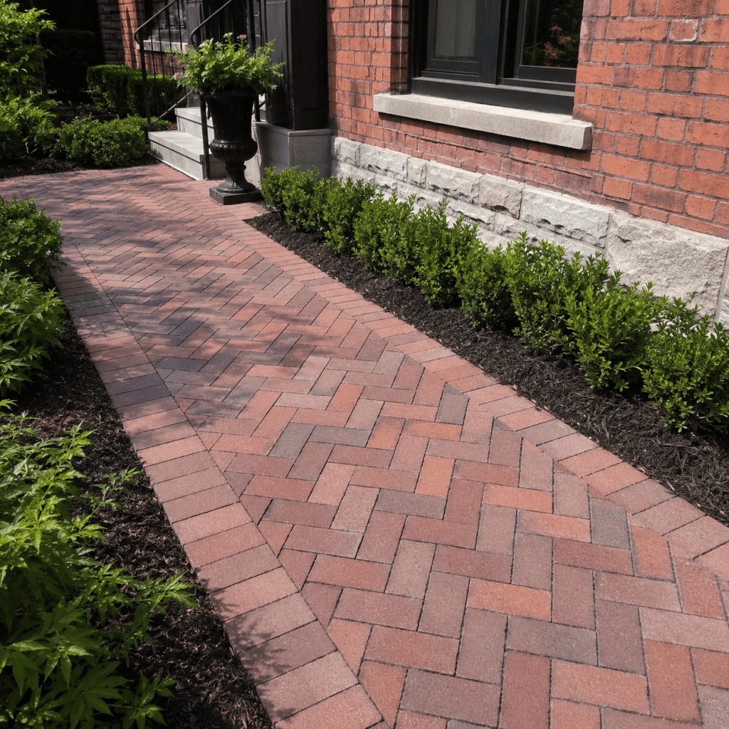 Herringbone brick pattern used in an outdoor walkway beside a Toronto home