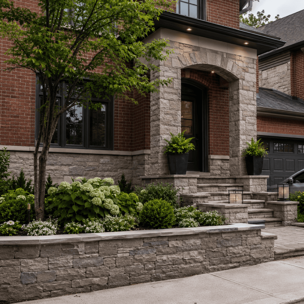 Stone veneer accents and full stone features matched to a Toronto brick home