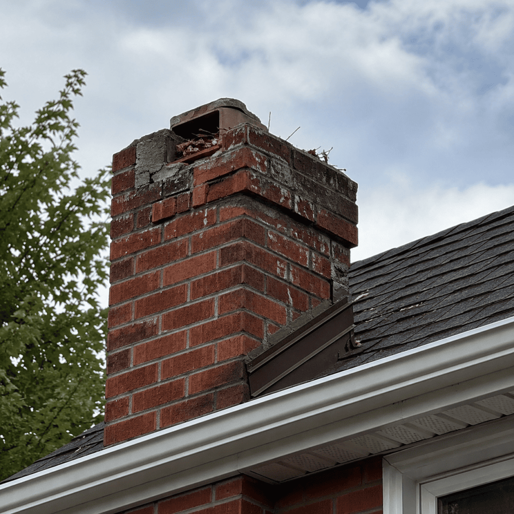 Brick chimney with damaged cap that may allow debris and animals inside