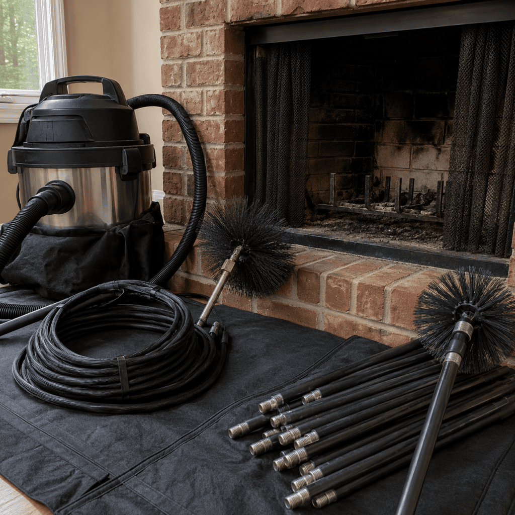Chimney sweeping tools beside a brick masonry fireplace