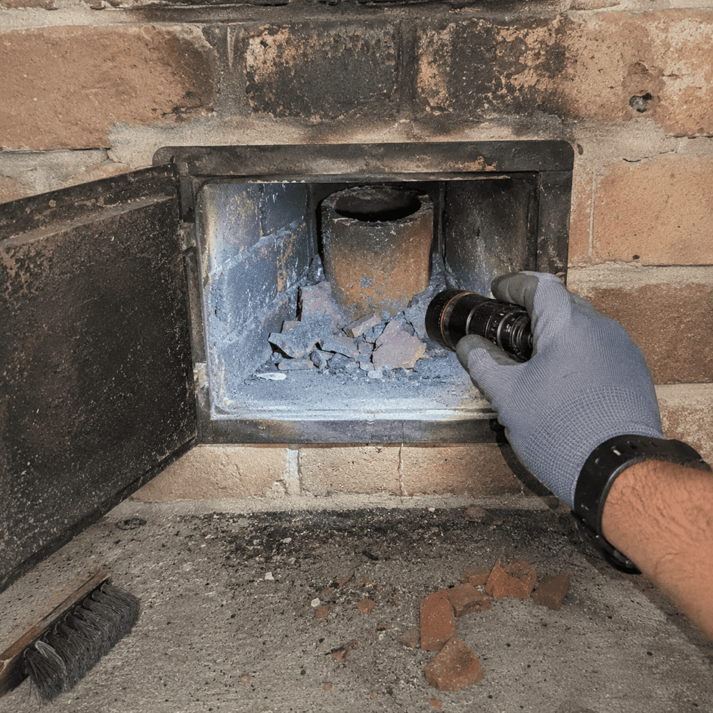 Broken clay chimney liner pieces showing signs of flue damage