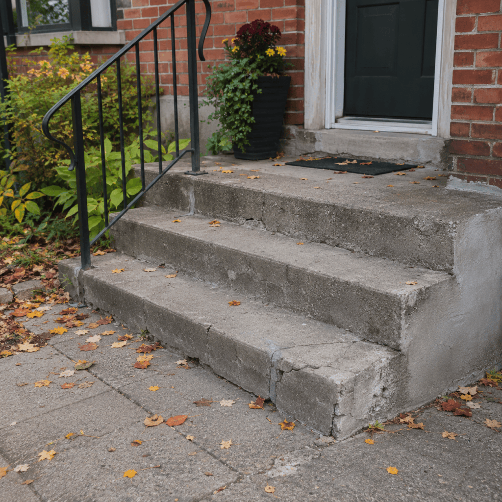 Cracked concrete steps checked before winter ice and snow