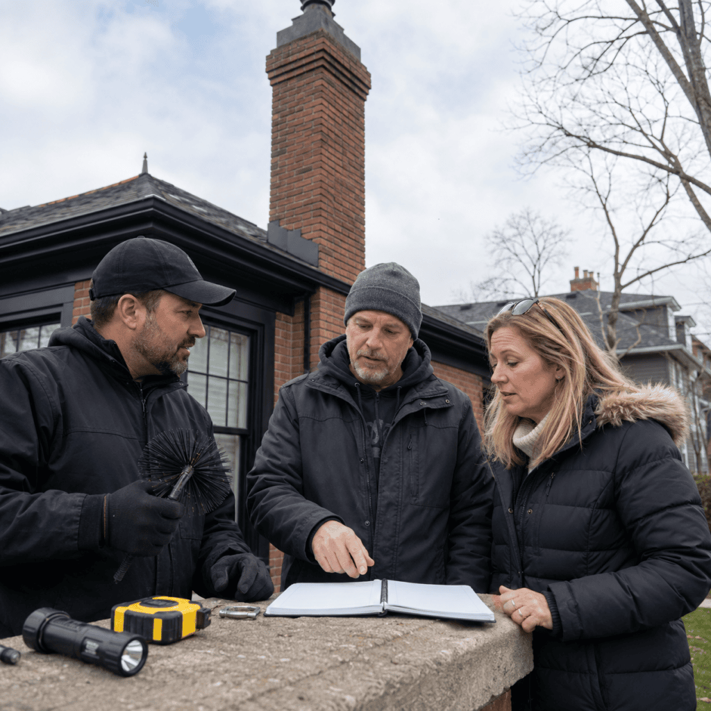 Chimney professional and mason reviewing chimney maintenance with a homeowner