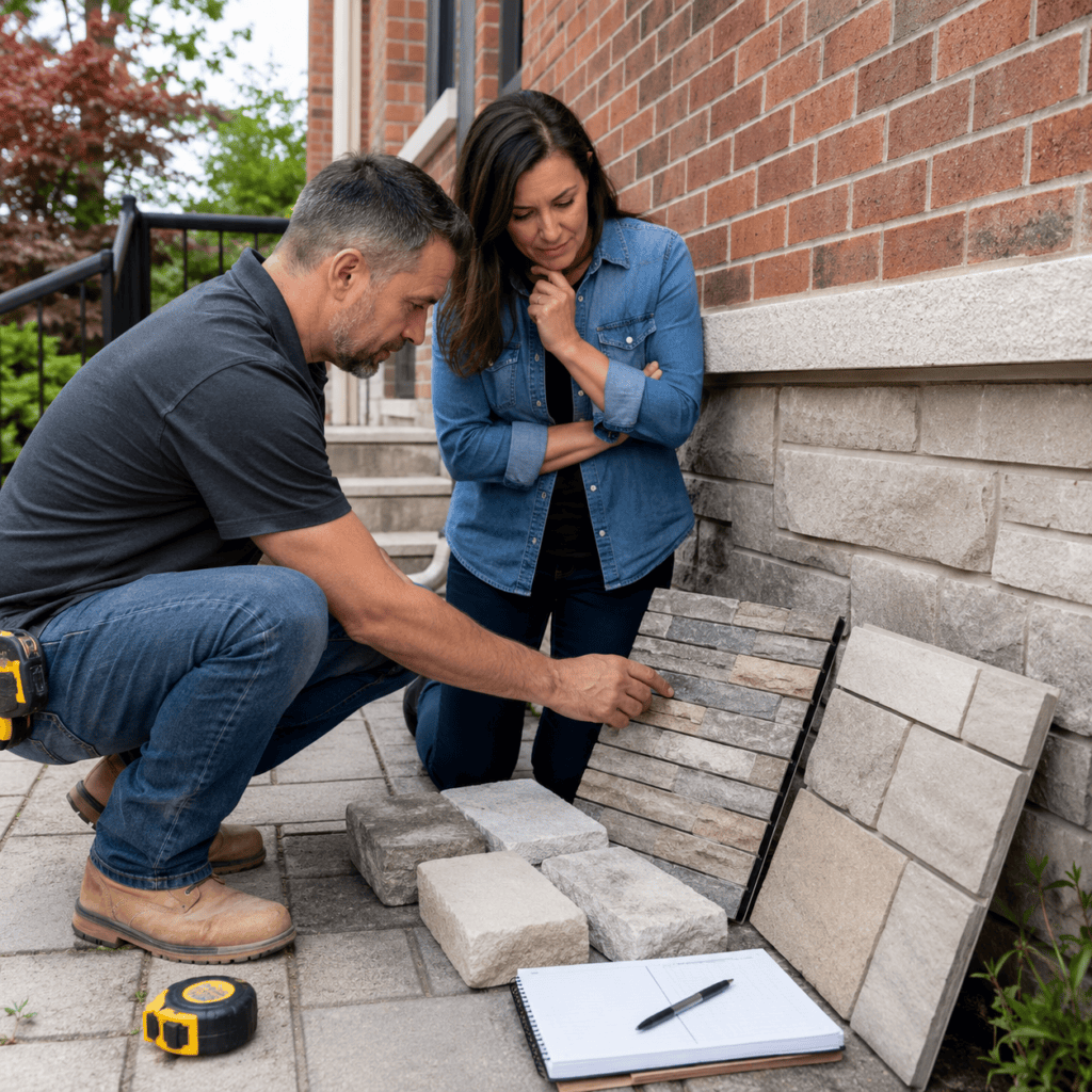 Masonry contractor comparing stone veneer and full stone options with a homeowner