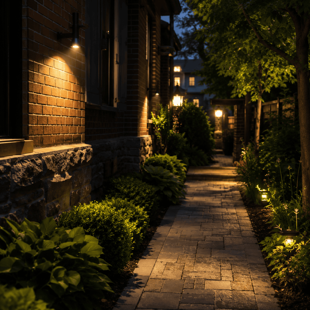 Shielded outdoor lighting aimed downward along a masonry walkway