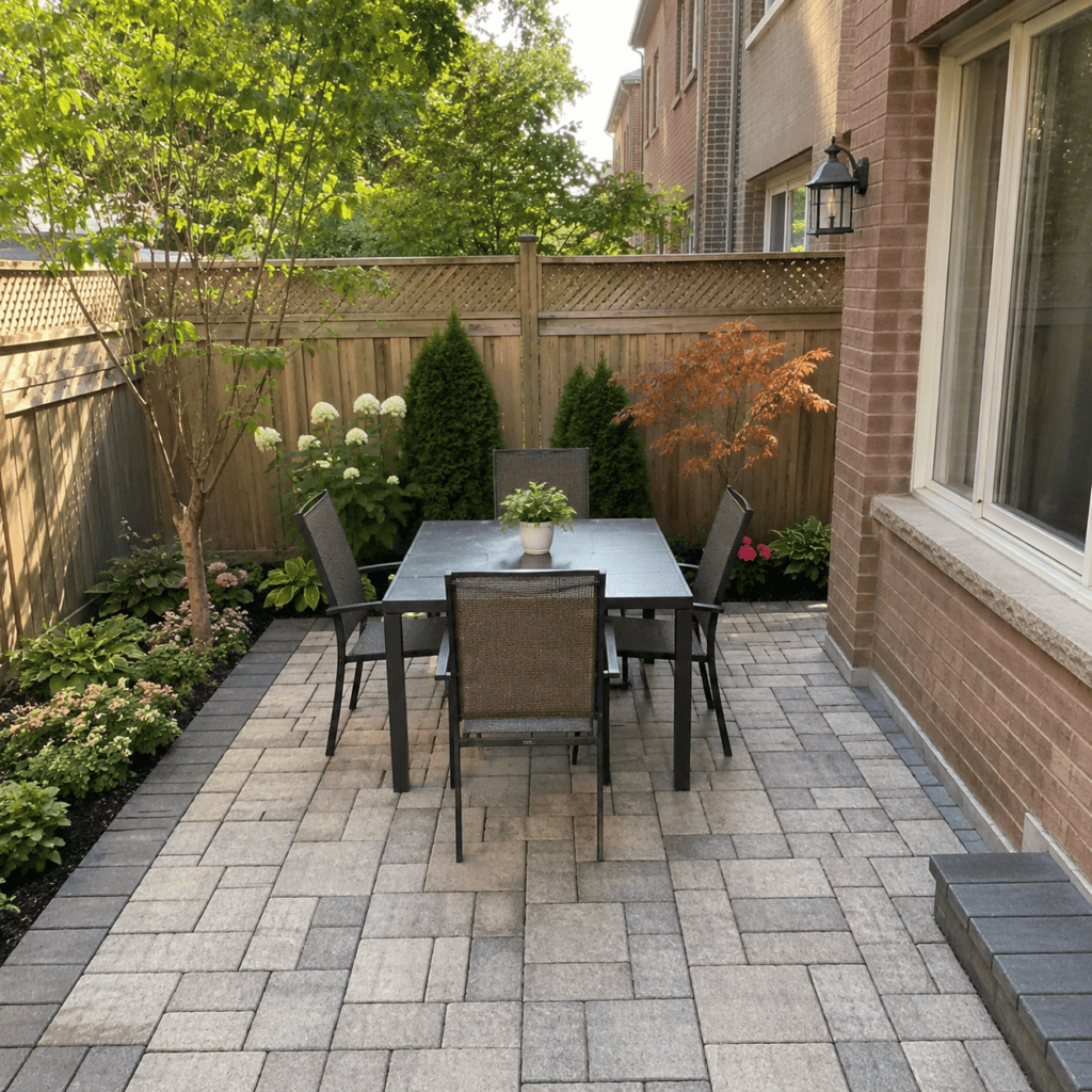 Compact interlocking patio idea for a small Toronto backyard