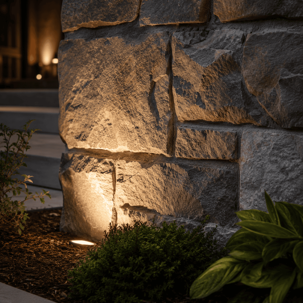 Natural stone masonry softly lit to highlight exterior texture