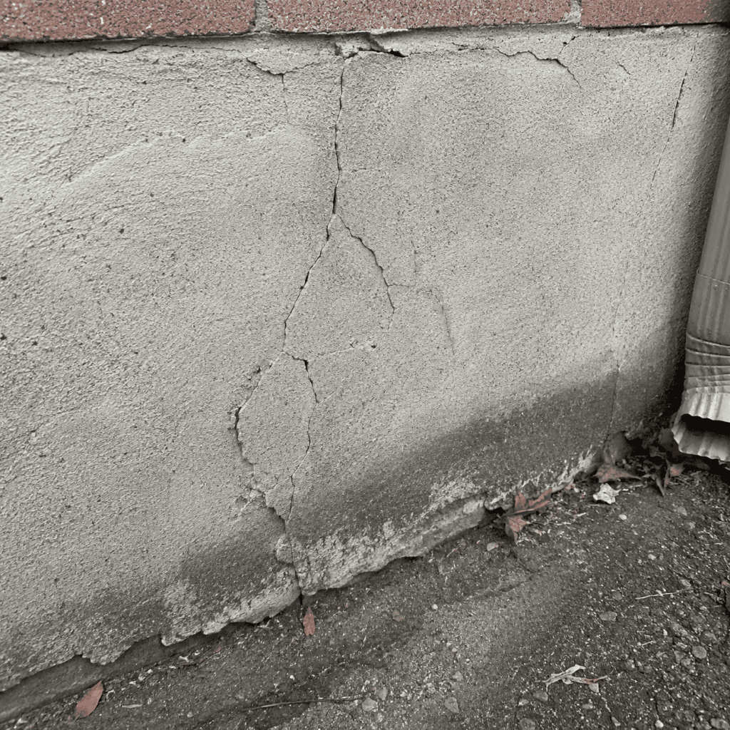 Cracked foundation parging with moisture staining before waterproofing repair