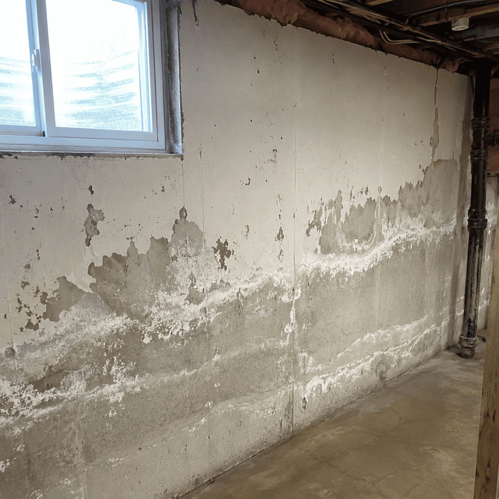 Damp basement foundation wall with efflorescence after heavy rain