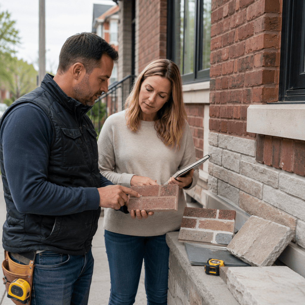 Masonry contractor reviewing brick colour and mortar samples with a homeowner