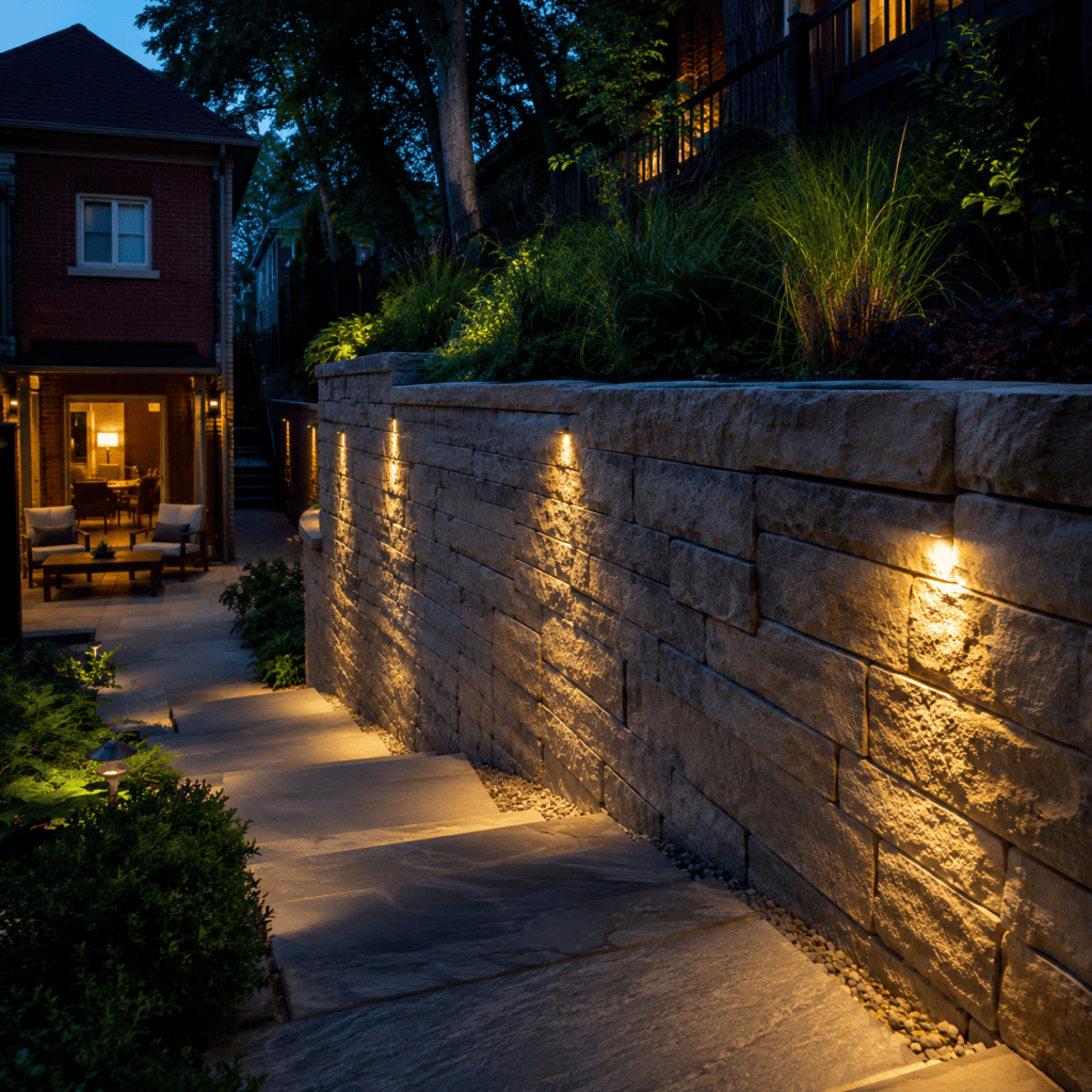 Stone retaining wall with soft downward lighting for a sloped backyard path