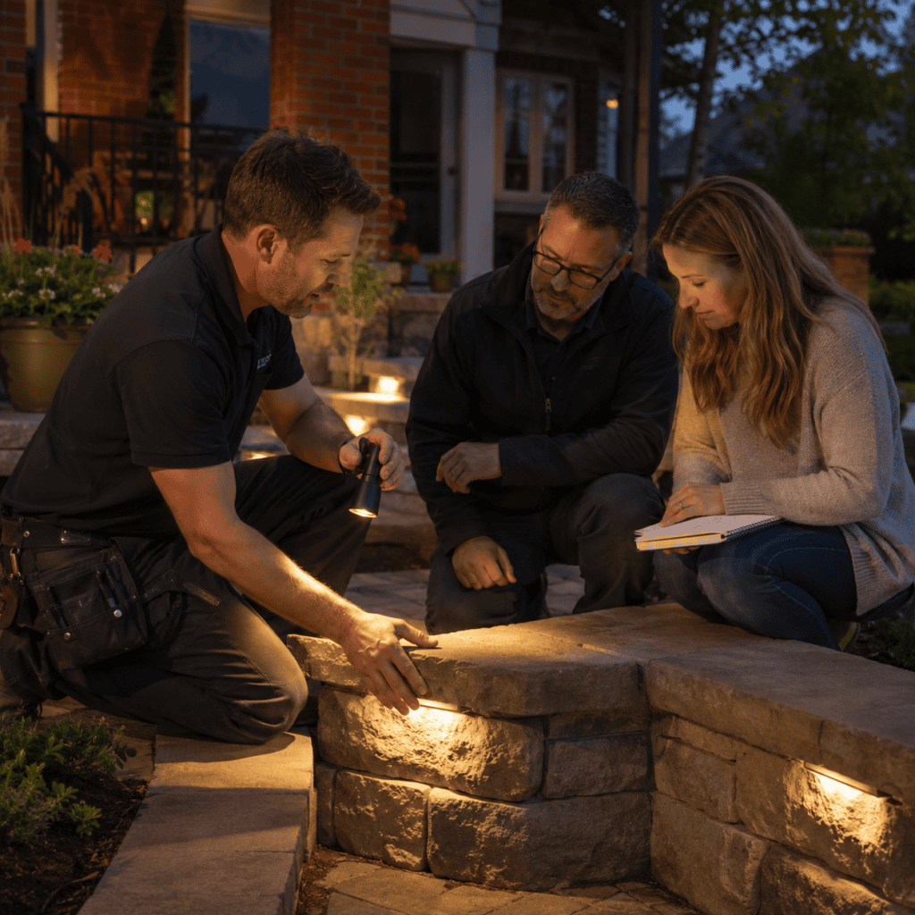 Masonry and lighting professionals reviewing outdoor fixture placement with a homeowner