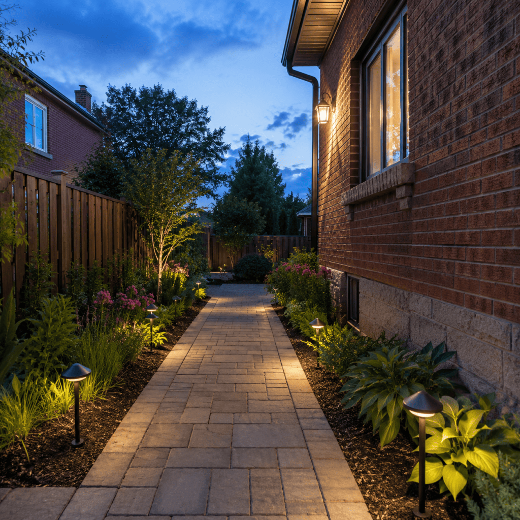 Interlocking stone walkway with low path lighting beside a Toronto home