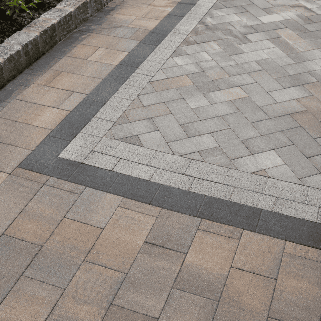 Interlocking patio paver patterns with border and herringbone details