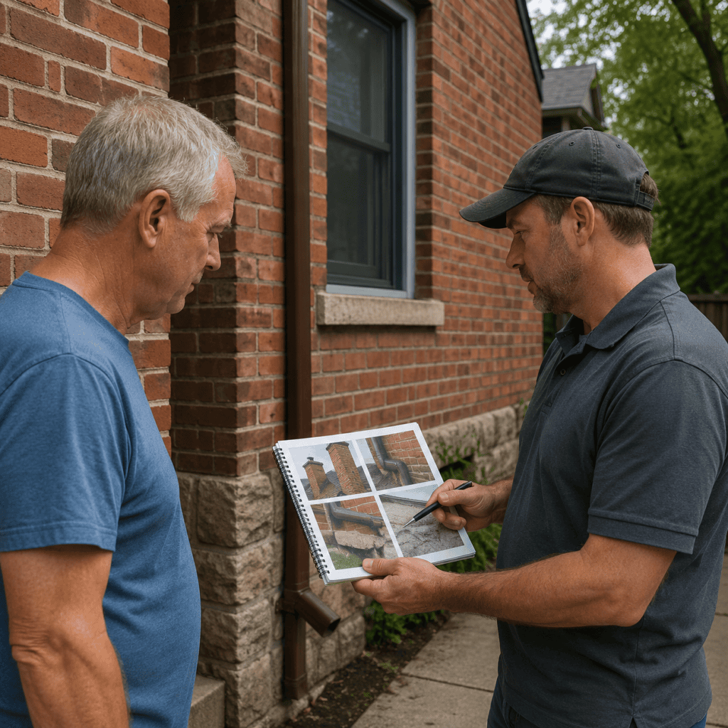 Masonry contractor explaining checkup findings to a Toronto homeowner