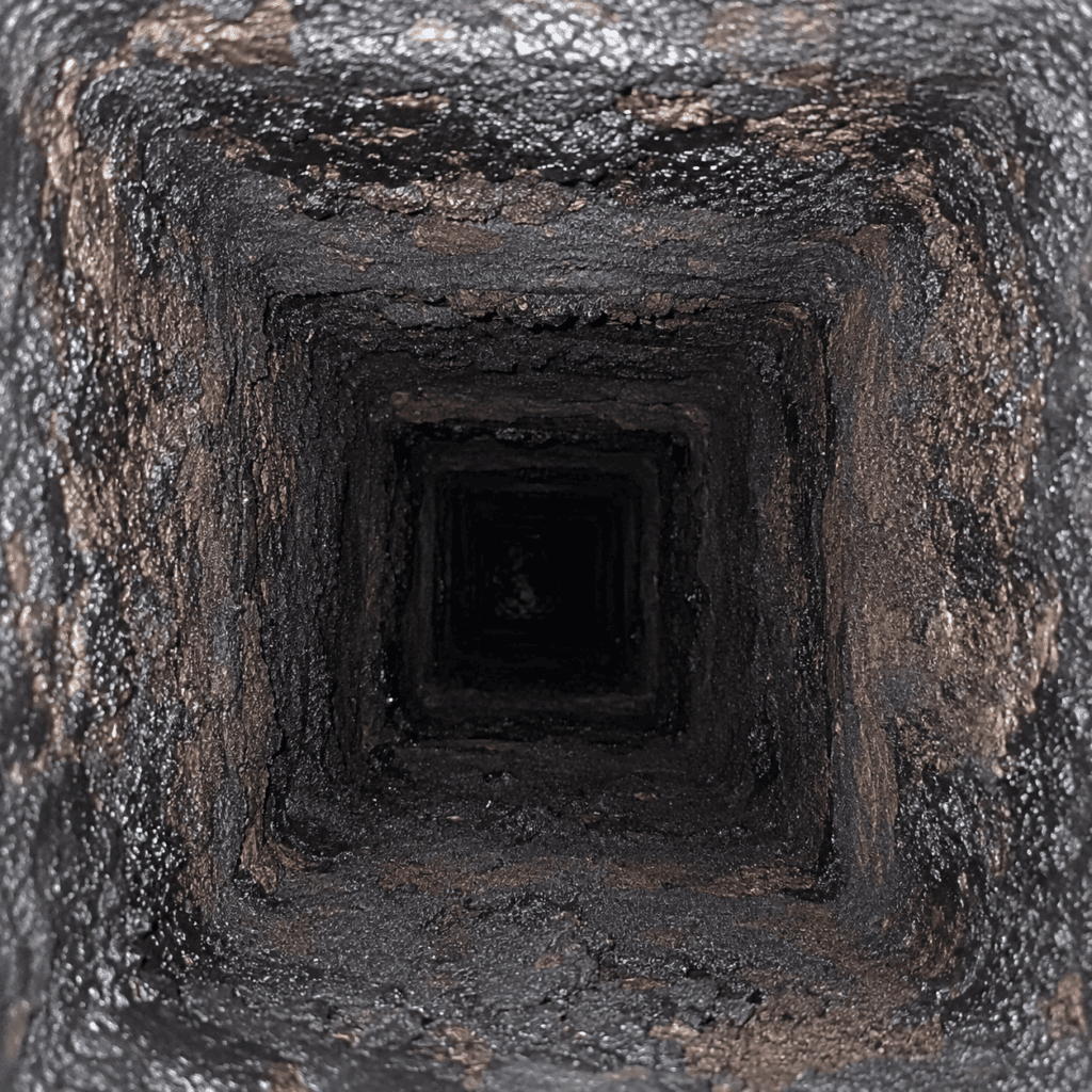 Creosote and soot buildup inside a masonry chimney flue