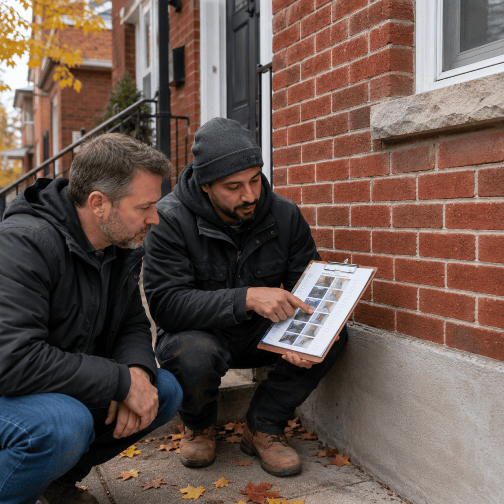 Homeowner and mason reviewing a pre-winter masonry repair checklist