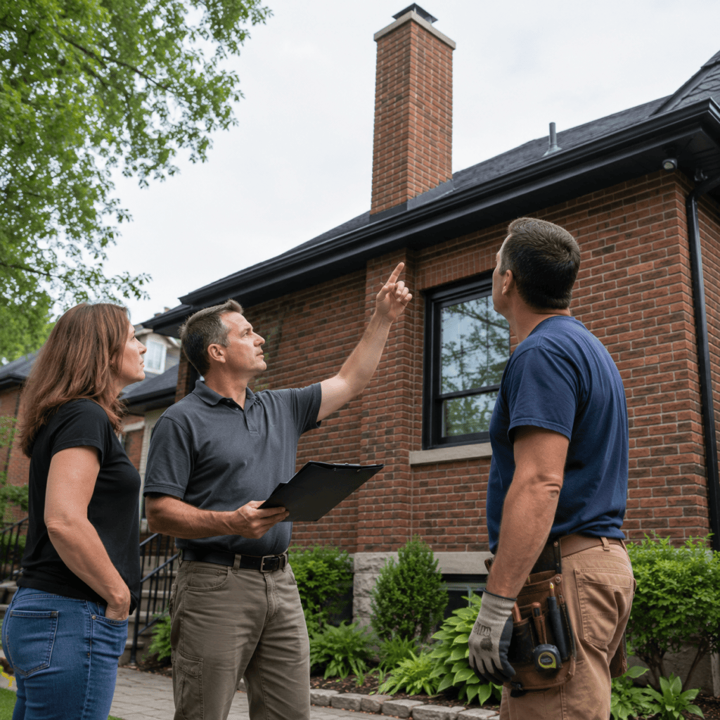 Chimney professional and mason reviewing chimney liner and masonry concerns