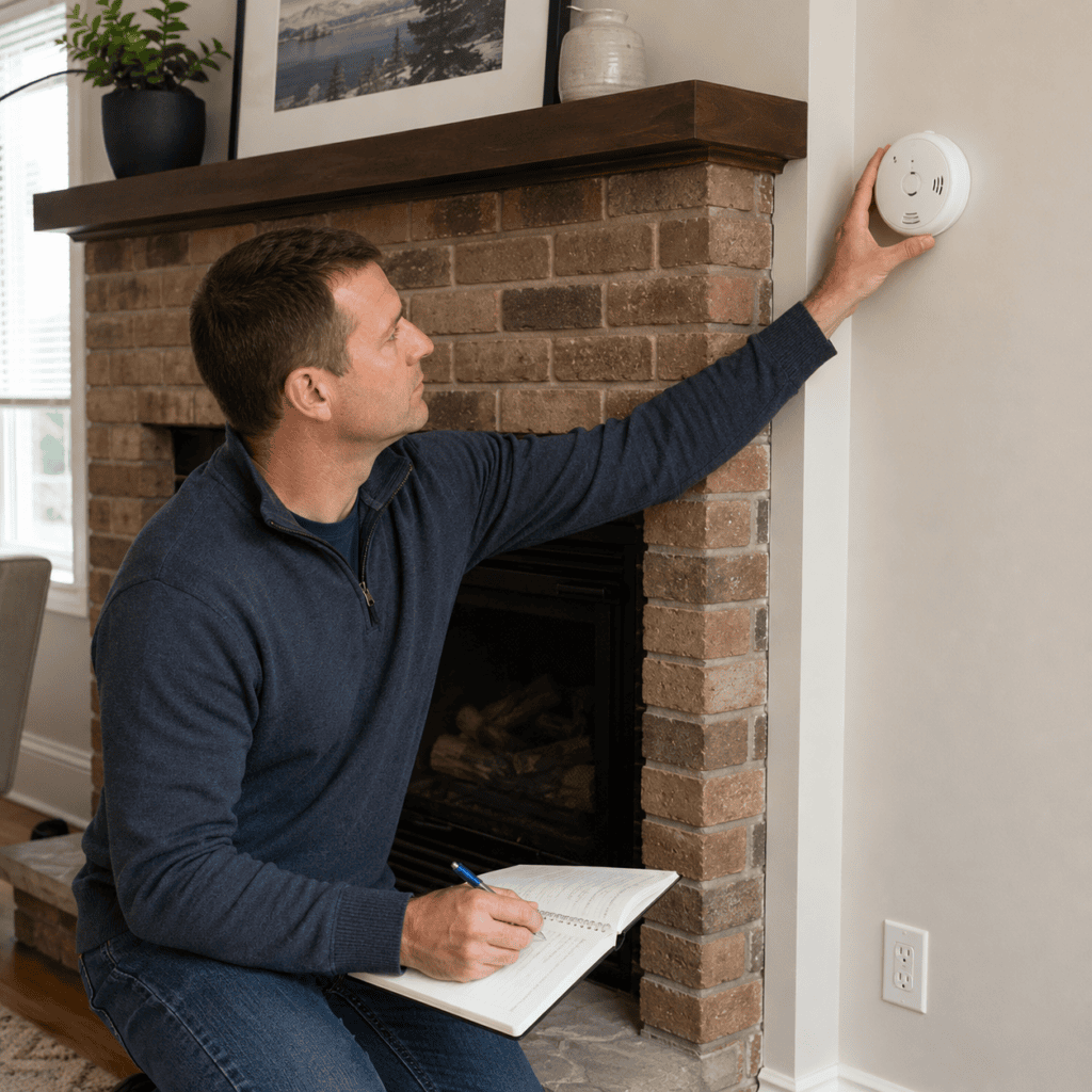 Homeowner checking fireplace area and carbon monoxide alarm for chimney safety