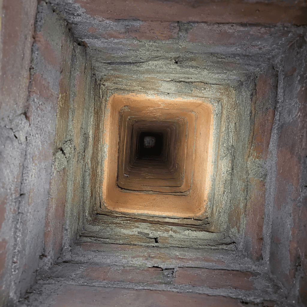 Clay tile chimney liner being checked during chimney inspection