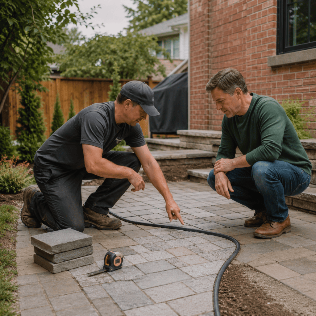 Masonry contractor and homeowner planning an interlocking patio layout