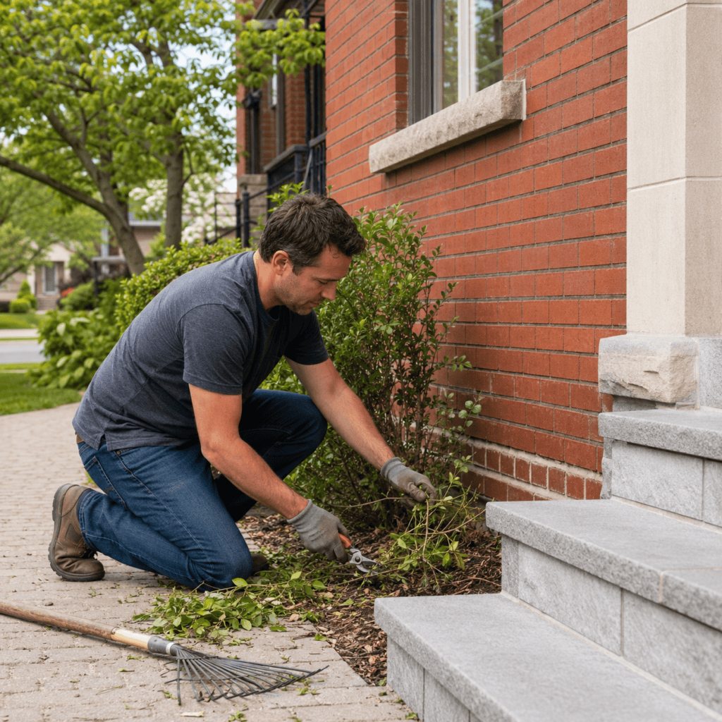 Homeowner clearing vegetation and debris away from summer masonry surfaces