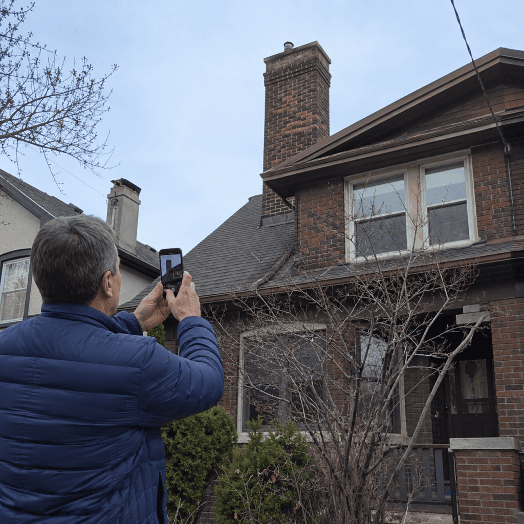 Homeowner safely checking a brick chimney from ground level
