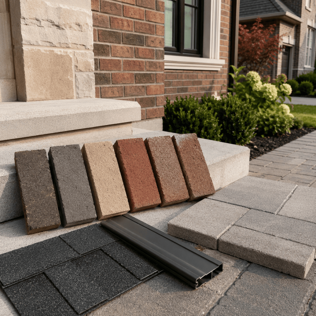 Brick colour samples compared with roof trim stone and walkway materials