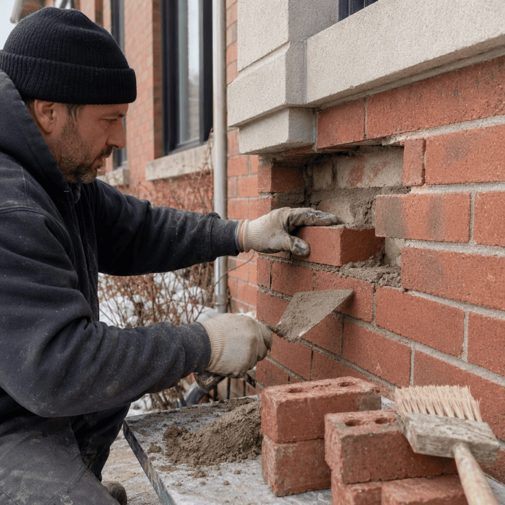 Mason replacing spalled brick after winter freeze damage