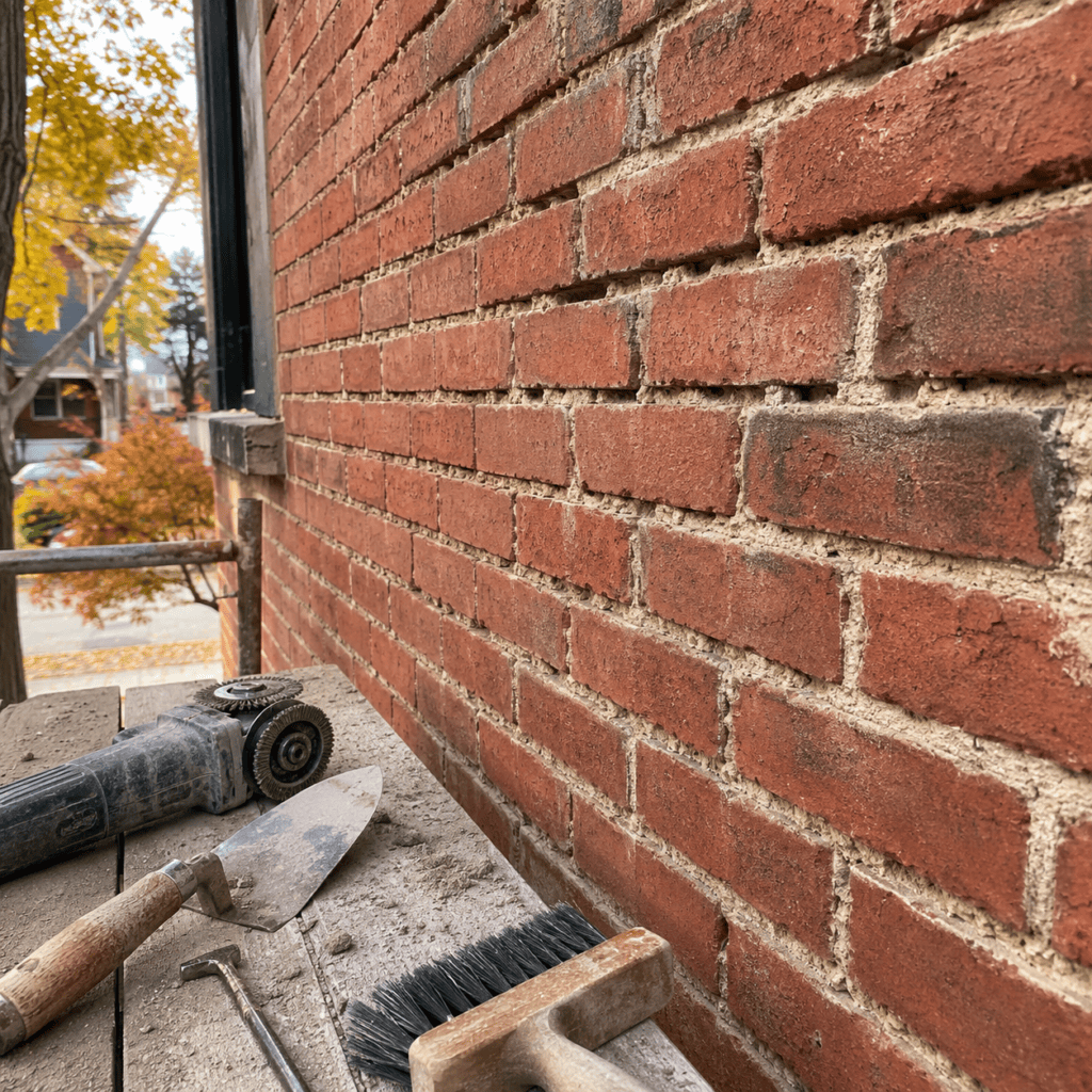 Deteriorated mortar joints prepared for tuckpointing before winter