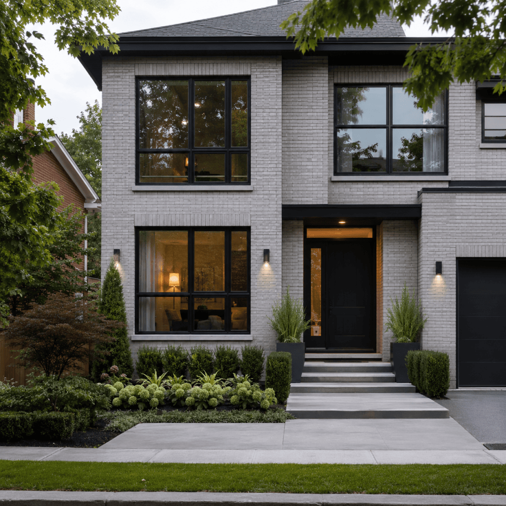 Modern grey brick facade with black windows on a Toronto home