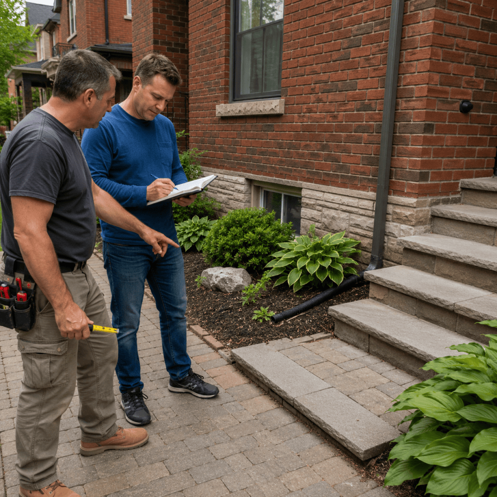 Homeowner and masonry contractor reviewing exterior repairs that may improve home value