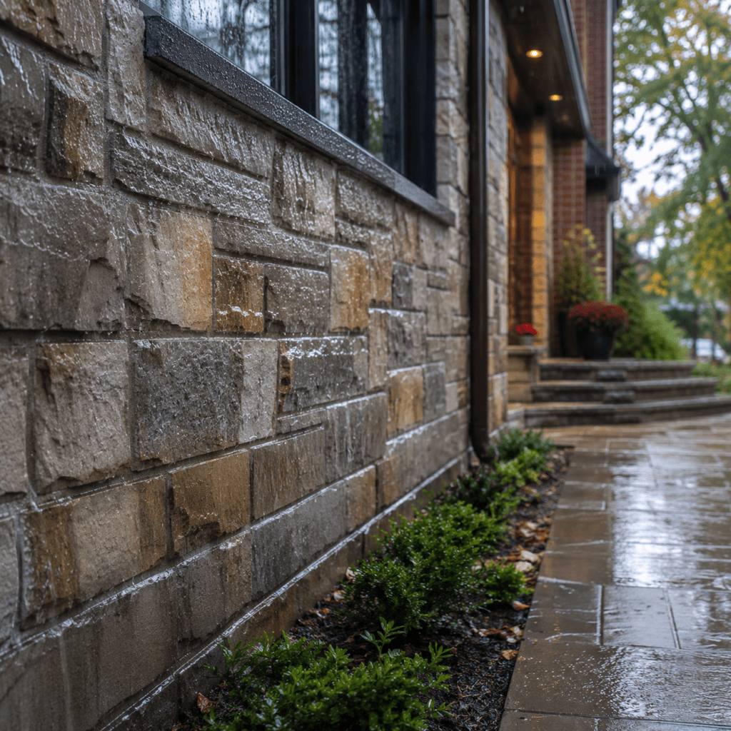 Exterior stone masonry with proper drainage after rain in Toronto