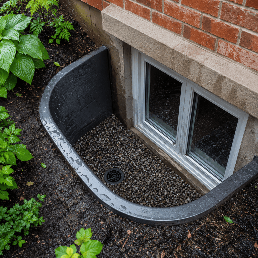 Basement window well showing drainage concerns after rain