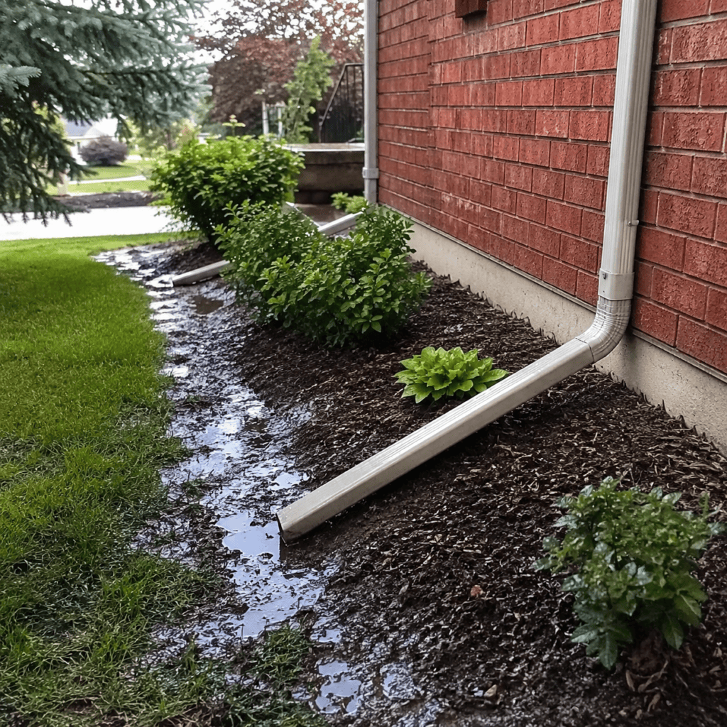 Downspout and grading directing rainwater away from a Toronto foundation