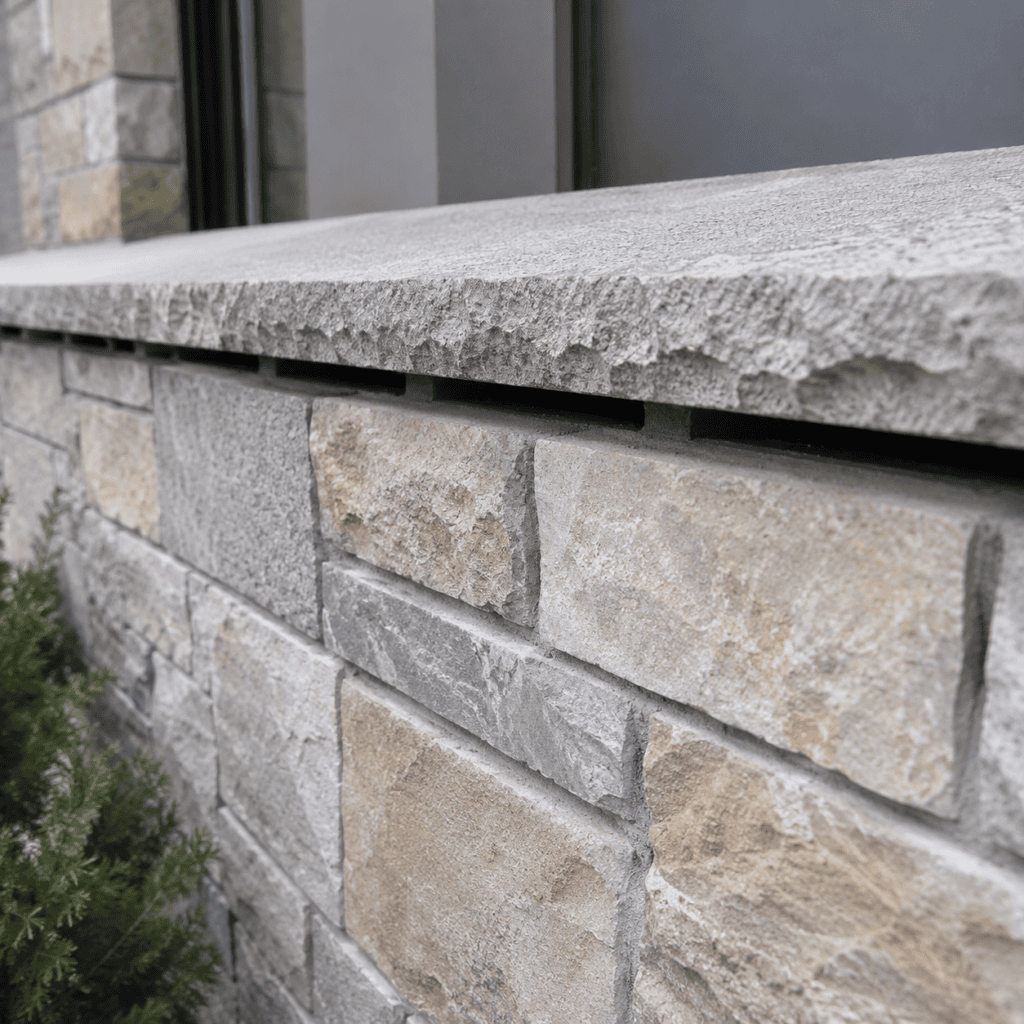 Stone masonry wall details showing cap stone and water management