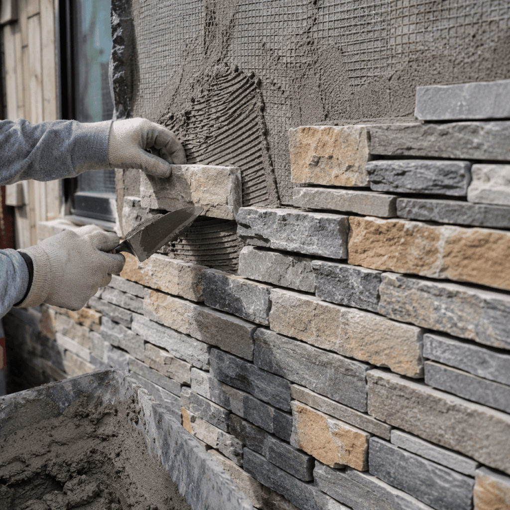 Stone veneer installation on an exterior wall with prepared backing