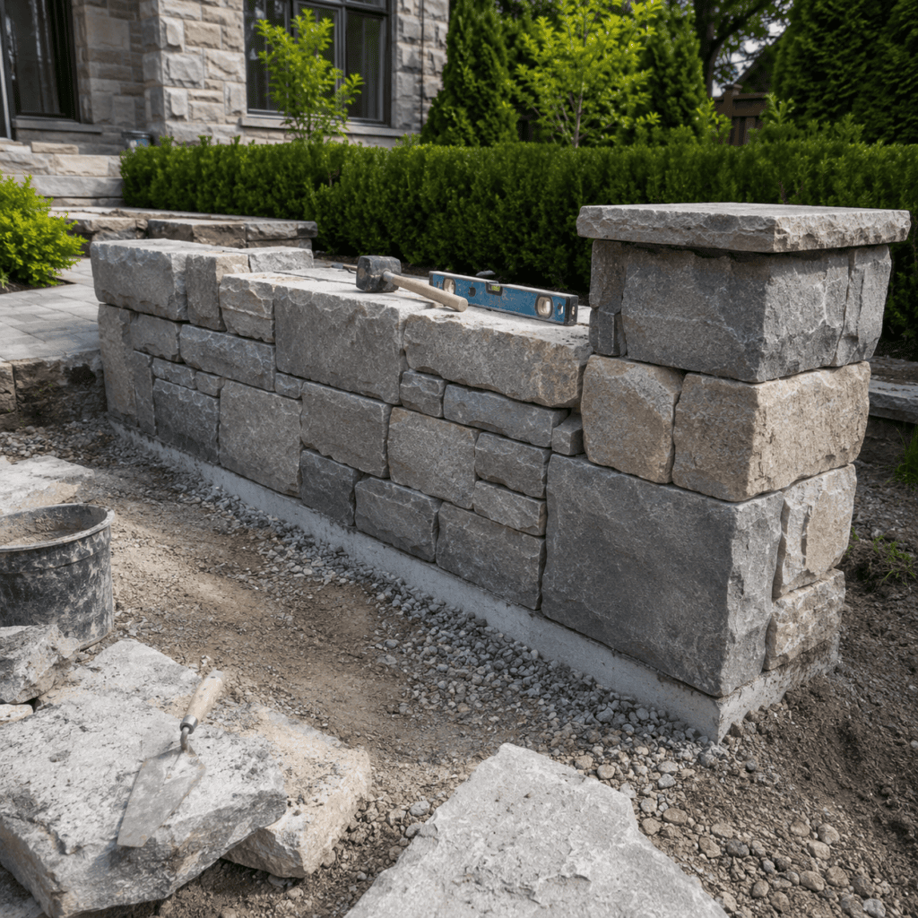 Full stone garden wall construction with thick natural stone units