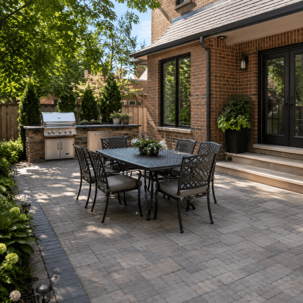 Interlocking paver dining patio with barbecue area beside a Toronto home