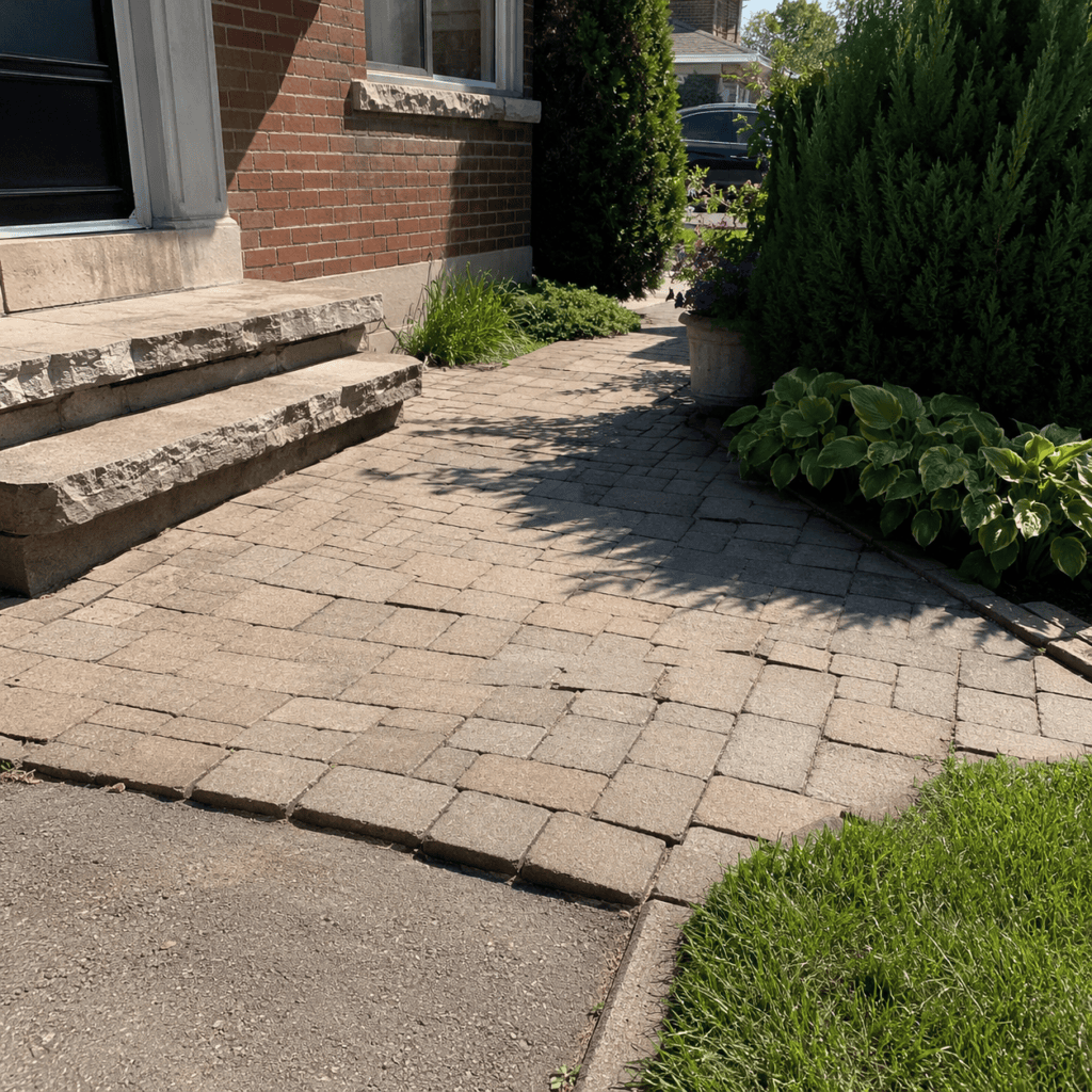 Sunken interlocking walkway and uneven stone steps needing summer inspection