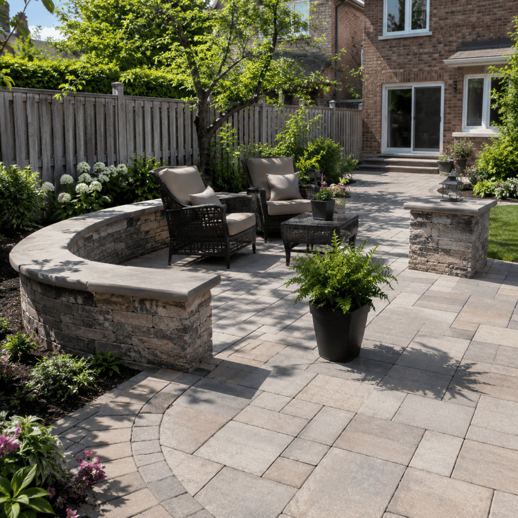 Interlocking patio with stone seat wall and retaining wall in a Toronto backyard